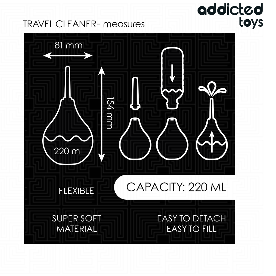 Detergente anale da viaggio ADDICTED TOYS, bottiglia da 220 ml di dimensione L, con etichetta e confezione visibile.