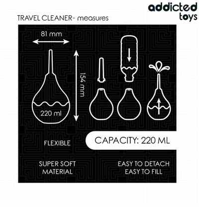 Detergente anale da viaggio ADDICTED TOYS, bottiglia da 220 ml di dimensione L, con etichetta e confezione visibile.
