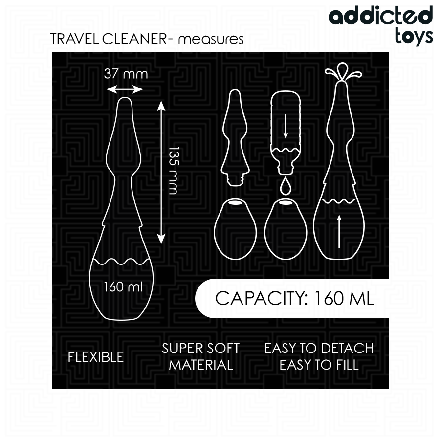 Detergente da viaggio modello 1 di ADDICTED TOYS, contenitore compatto e pratico per pulizie portatili.