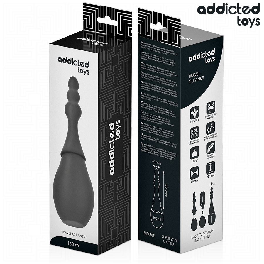 Detergente da viaggio modello 4 di ADDICTED TOYS, piccolo e pratico, ideale per l'igiene in movimento, in confezione compatta.
