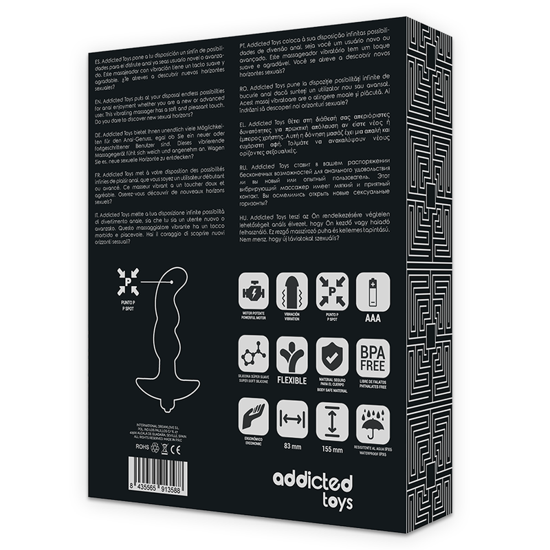 Massaggiatore anale nero con vibrazione ADDICTED TOYS, modello 2, mostrato con dettagli del design e pulsanti di controllo.