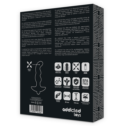 Massaggiatore anale nero con vibrazione ADDICTED TOYS, modello 2, mostrato con dettagli del design e pulsanti di controllo.