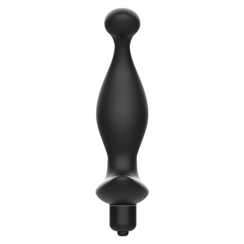 Massaggiatore anale con vibrazione ADDICTED TOYS, nero, con design ergonomico e modalità di vibrazione visibili in immagine.