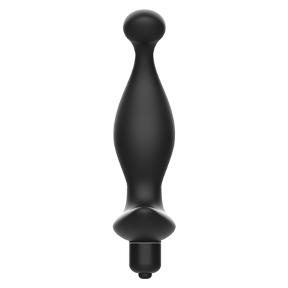 Massaggiatore anale con vibrazione ADDICTED TOYS, nero, con design ergonomico e modalità di vibrazione visibili in immagine.