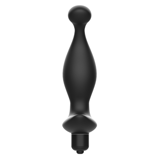 Massaggiatore anale con vibrazione ADDICTED TOYS, nero, con design ergonomico e modalità di vibrazione visibili in immagine.