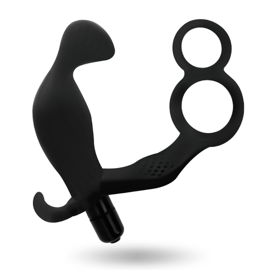 Plug anale nero ADDICTED TOYS con doppio anello per pene e testicoli, design ergonomico e sicuro per piacere e stimolazione.