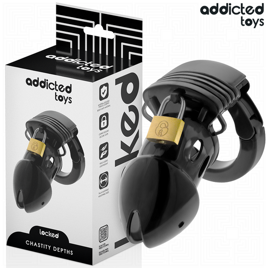 Gabbia per pene di castità ADDICTED TOYS LOCKED, profondità di 7,5 cm, in metallo, con dettagli di sicurezza e comfort.