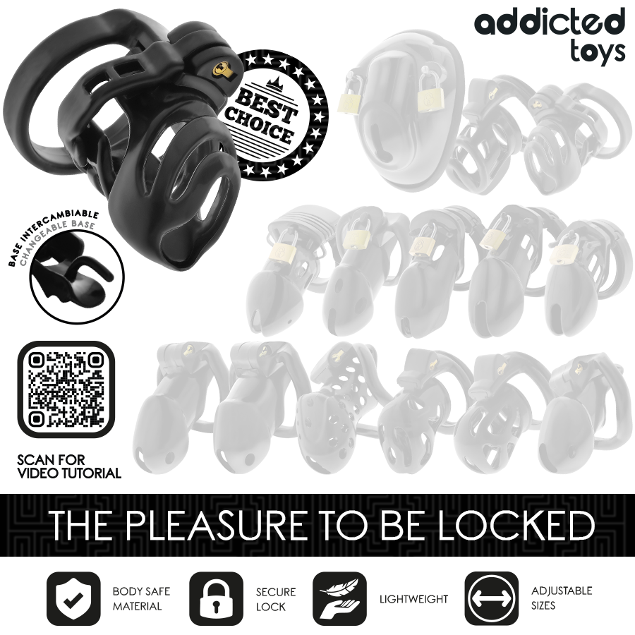 Gabbia per pene ADDICTED TOYS LOCKED con blocco permanente, misura 9 cm, in silicone nero, progettata per il controllo e la sicurezza.