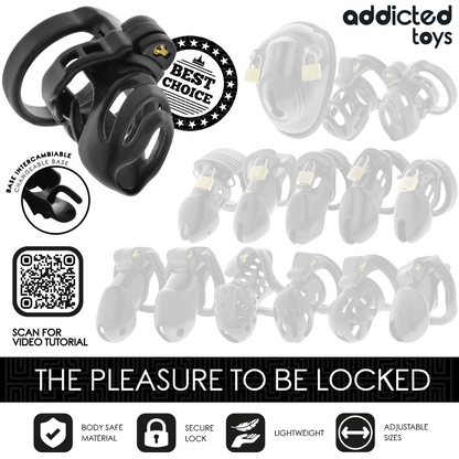 Gabbia per pene ADDICTED TOYS LOCKED con blocco permanente, misura 9 cm, in silicone nero, progettata per il controllo e la sicurezza.
