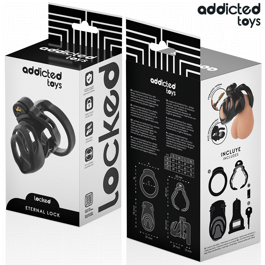 Gabbia per pene ADDICTED TOYS LOCKED, con blocco permanente, lunga 9 cm, in metallo resistente e design sicuro.