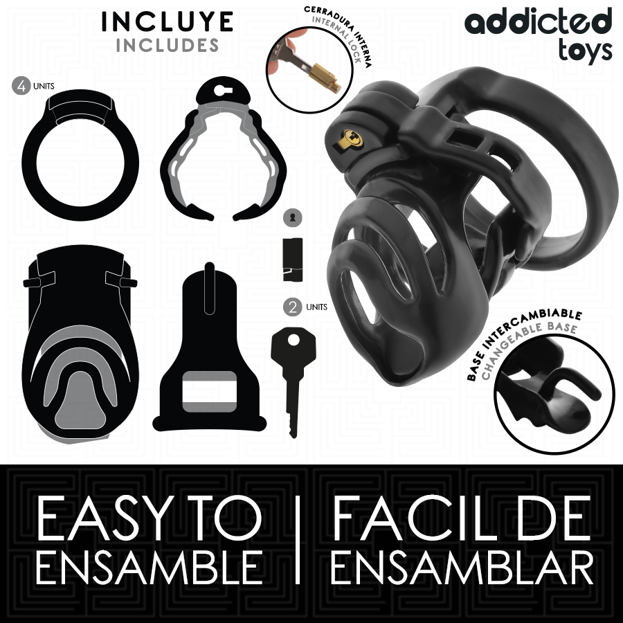 Gabbia per pene ADDICTED TOYS LOCKED con blocco permanente, lunghezza di 9 cm, in metallo nero resistente e sicuro.