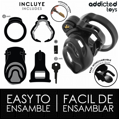 Gabbia per pene ADDICTED TOYS LOCKED con blocco permanente, lunghezza di 9 cm, in metallo nero resistente e sicuro.