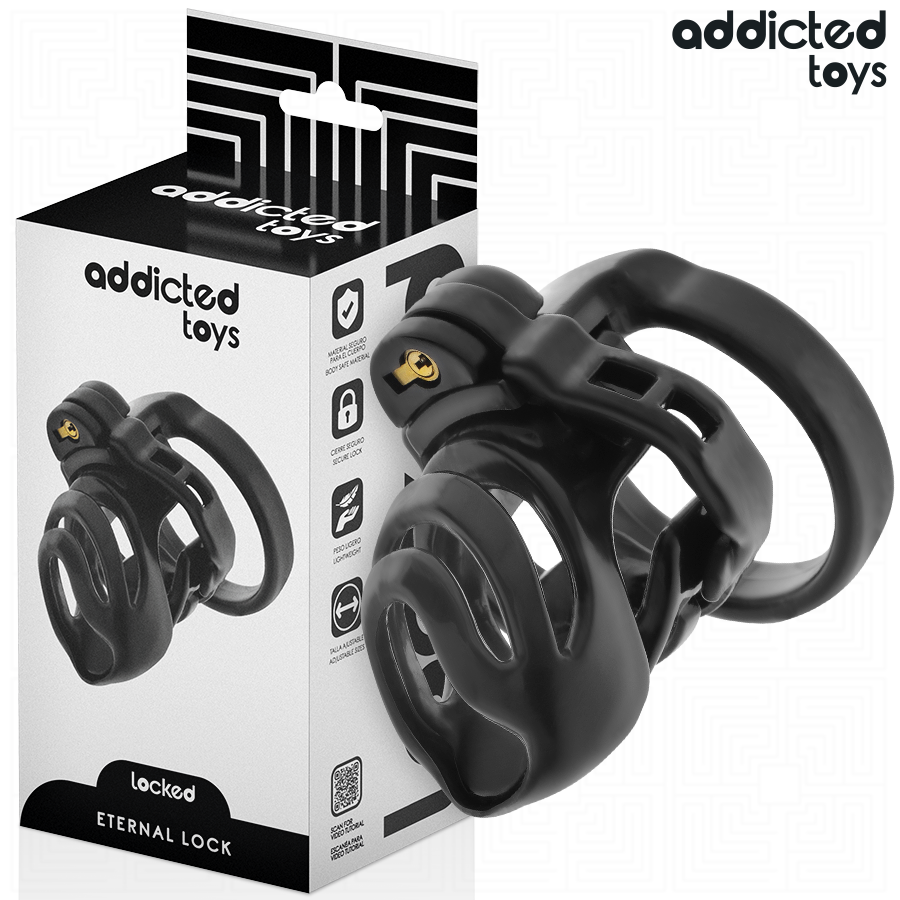 Gabbia per pene ADDICTED TOYS LOCKED, blocco eterno, misura 9 cm, in silicone nero, con cinturino per fissaggio e sicurezza