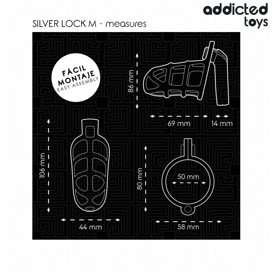 Gabbia per pene ADDICTED TOYS LOCKED in argento con serratura, taglia M, dispositivo di vincolo e sicurezza maschile.