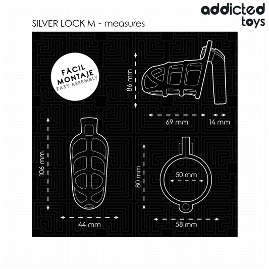Gabbia per pene ADDICTED TOYS LOCKED in argento con serratura, taglia M, dispositivo di vincolo e sicurezza maschile.