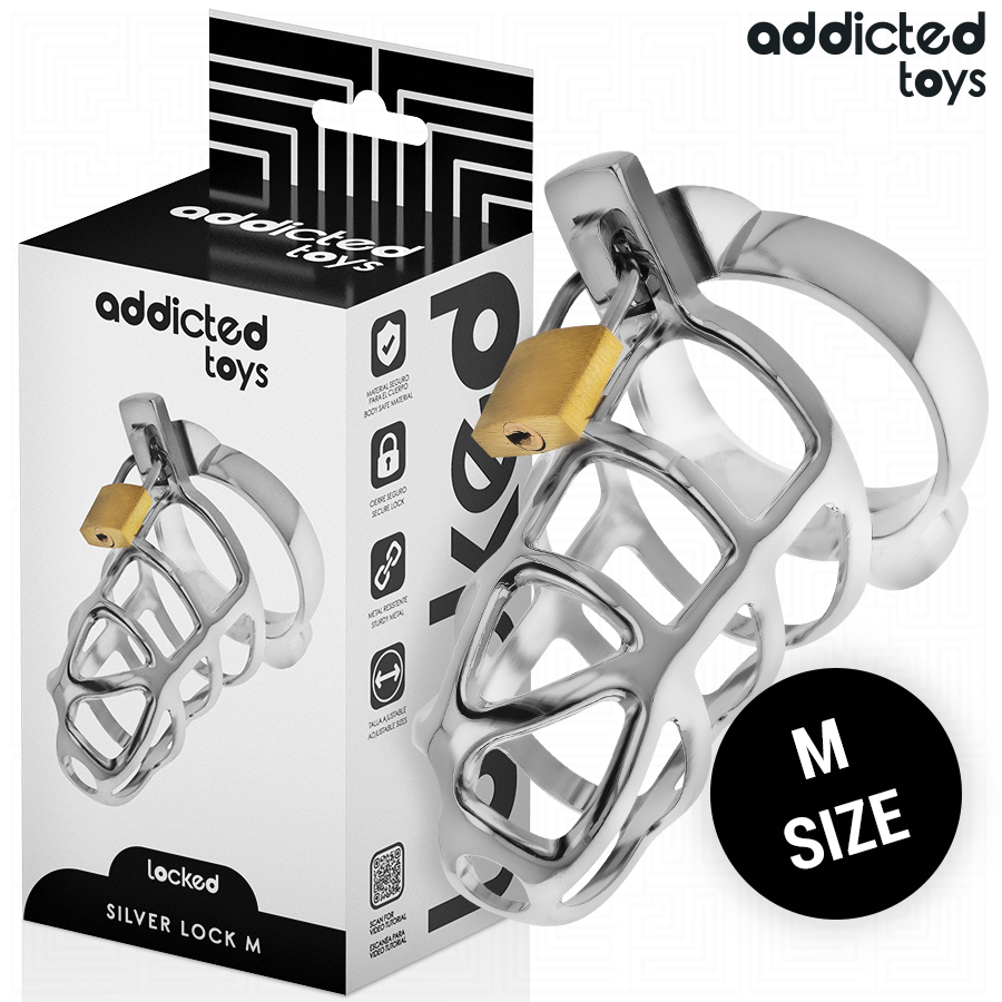 Gabbia per pene ADDICTED TOYS LOCKED in argento con serratura, taglia M, maschile, con dettagli di sicurezza e stile elegante.