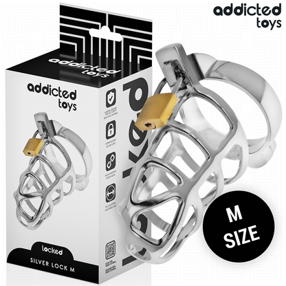 Gabbia per pene ADDICTED TOYS LOCKED in argento con serratura, taglia M, maschile, con dettagli di sicurezza e stile elegante.