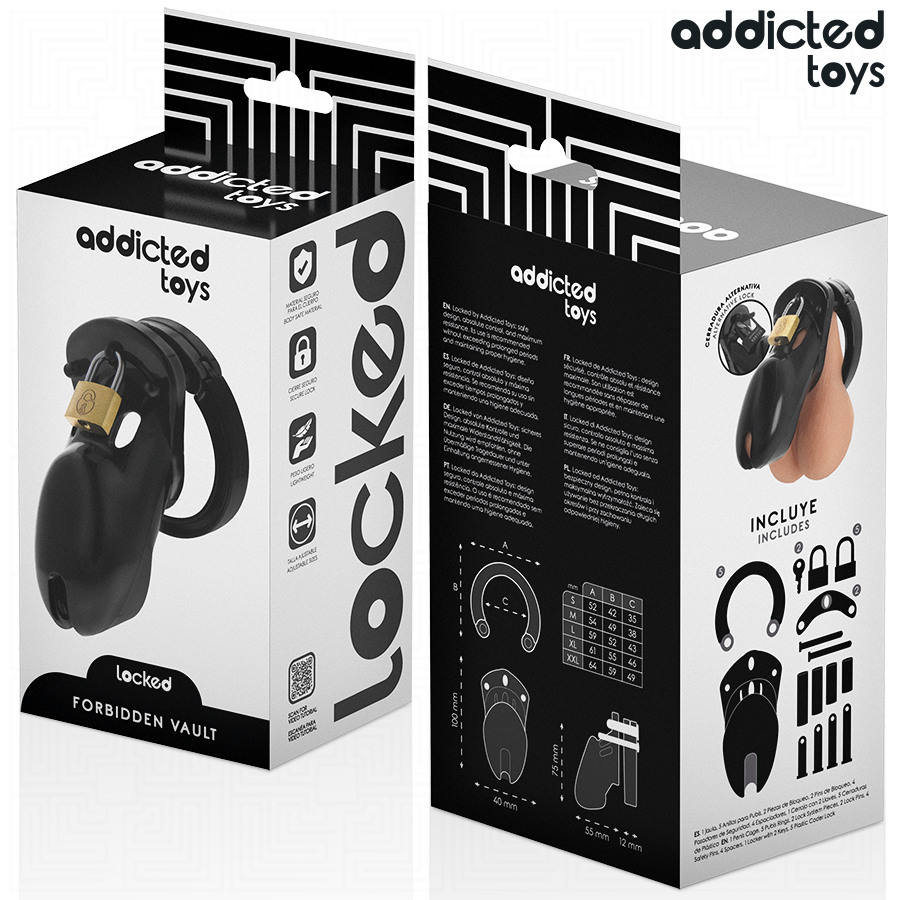 Gabbia per pene ADDICTED TOYS LOCKED Forbidden Vault, misura 10 cm, in metallo nero, con cinghie regolabili e chiusura di sicurezza