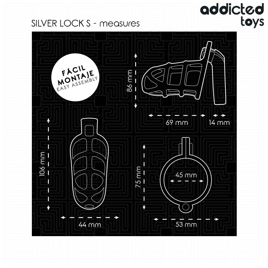 Gabbia per pene in metallo ADDICTED TOYS LOCKED con blocco argento, taglia S, dispositivo di costrizione per adulti.