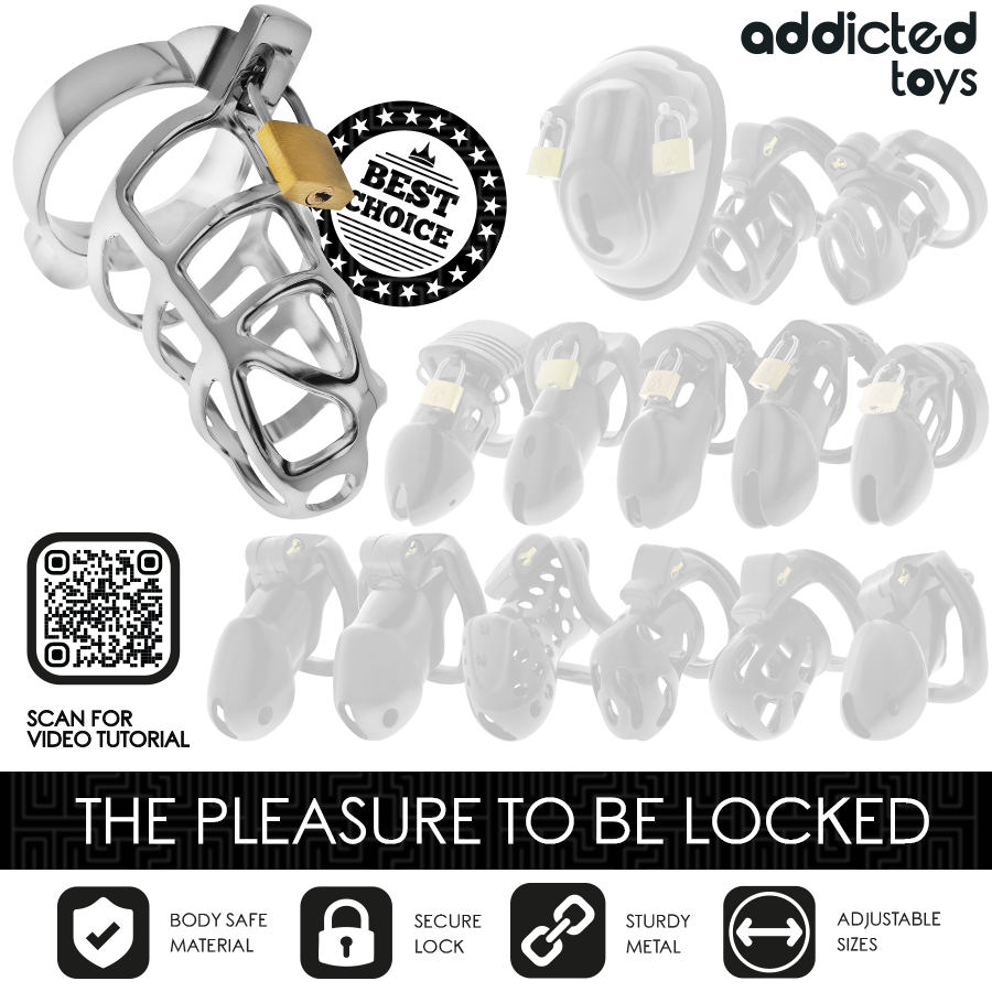 Gabbia per pene ADDICTED TOYS LOCKED in metallo con blocco argento, taglia S, utilizzata come dispositivo di contenimento e controllo.