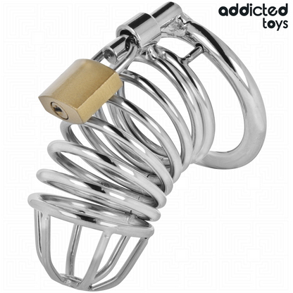 Gabbia per pene in metallo ADDICTED TOYS LOCKED, 4 cm, con celle di ferro, taglia S, mostra la gabbia chiusa e dettagli metallici.