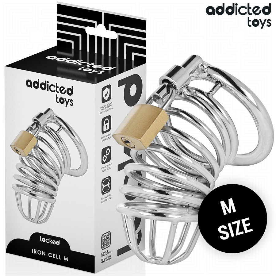 Gabbia per pene in metallo ADDICTED TOYS LOCKED, con celle di ferro, taglia M, progettata per il controllo e la costrizione.
