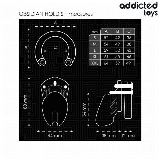 Gabbia per pene ADDICTED TOYS LOCKED Obsidian Hold, taglia S, in metallo nero, chiusura sicura, design sobrio e resistente.
