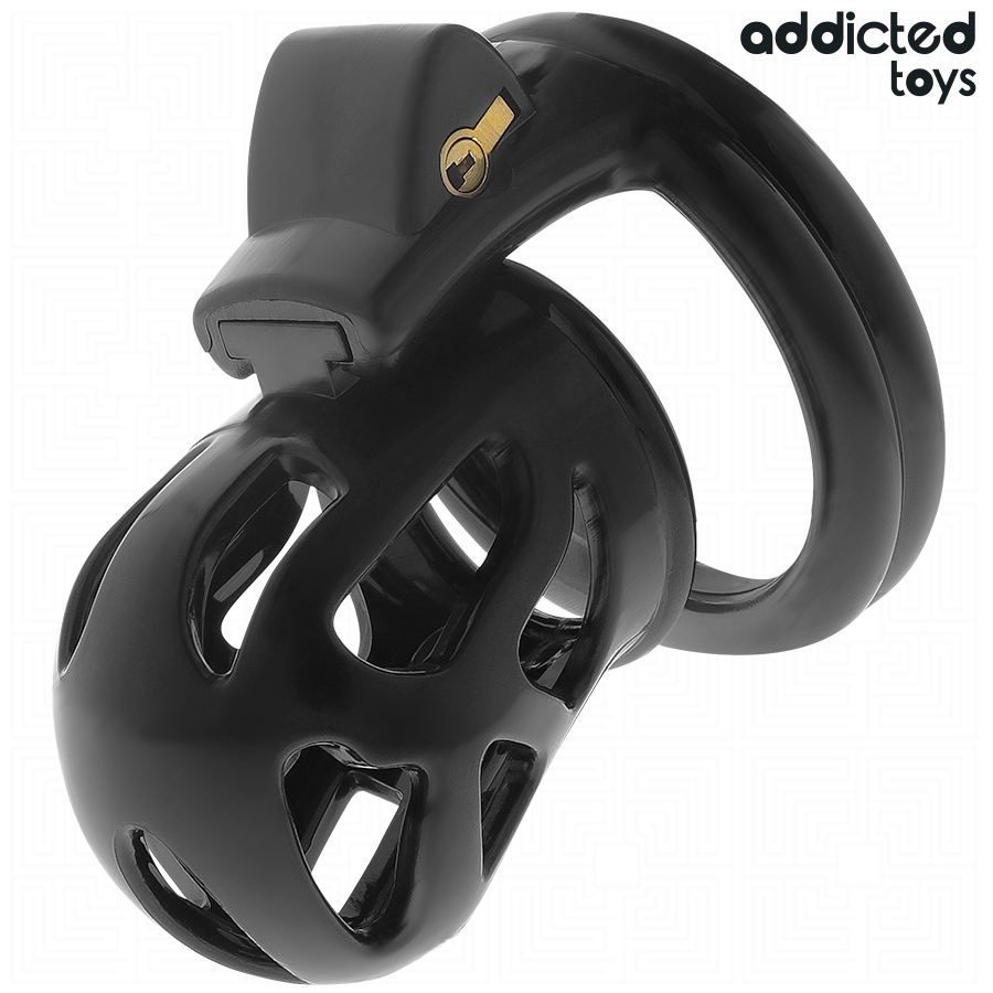 Gabbia per pene silenziosa ADDICTED TOYS LOCKED, lunghezza 7,5 cm, in plastica nera, per restrizione e contenimento.