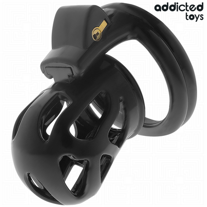 Gabbia per pene silenziosa ADDICTED TOYS LOCKED, lunghezza 7,5 cm, in plastica nera, per restrizione e contenimento.