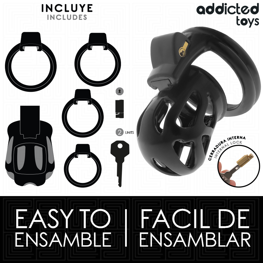 Gabbia per pene ADDICTED TOYS LOCKED, silenziosa, lunga 7,5 cm, in metallo nero, per giochi di dominazione e sottomissione.