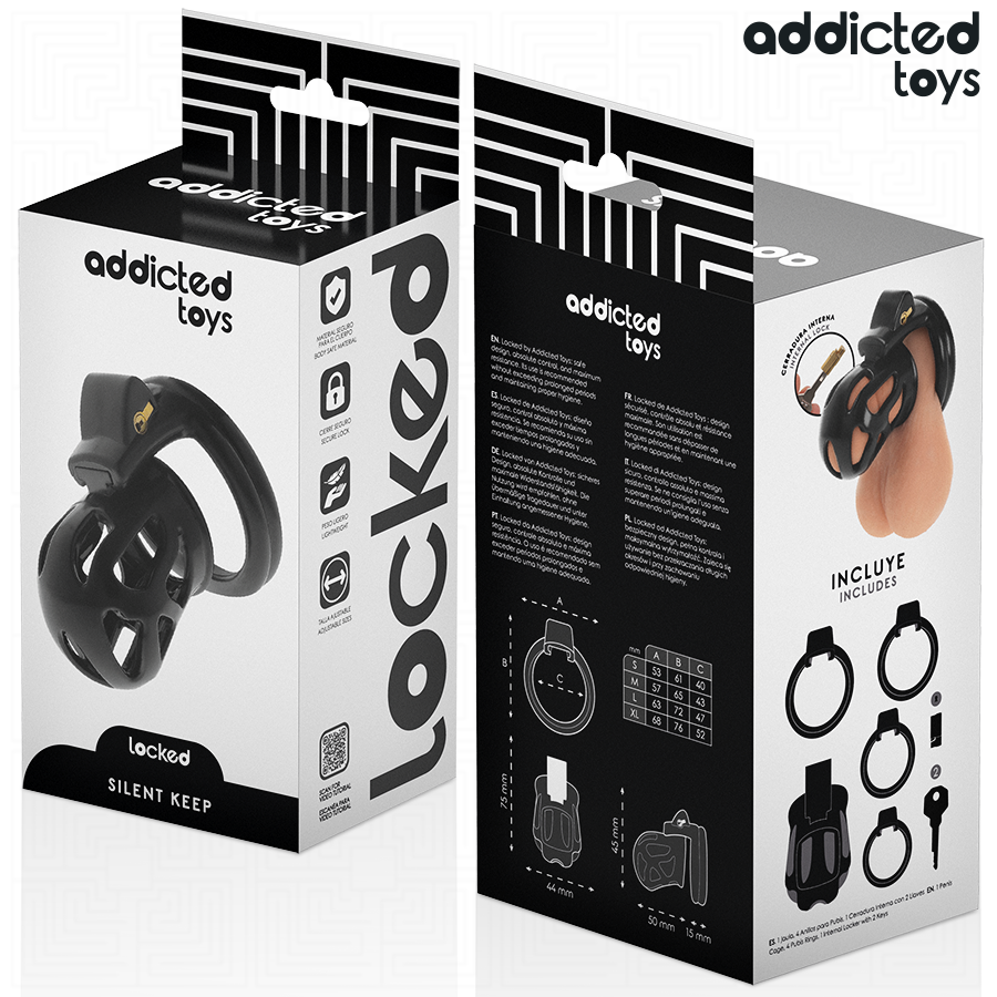 Gabbia per pene silenziosa ADDICTED TOYS LOCKED, lunghezza 7,5 cm, in colore nero, con chiusura sicura e discreta.
