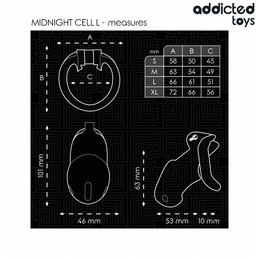 Gabbia per pene ADDICTED TOYS LOCKED Mindnight Cell, taglia L, in metallo, con cinghia regolabile, per BDSM e gioco di ruolo.