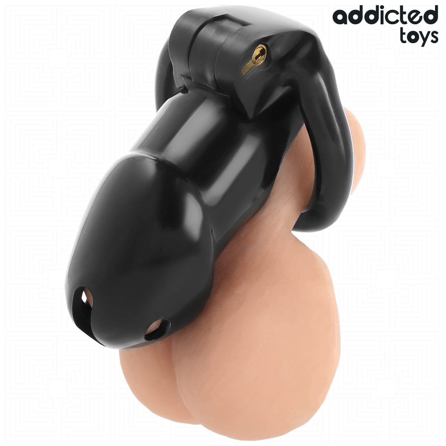 Gabbia per pene di taglia L di ADDICTED TOYS LOCKED, dispositivo di costrizione in metallo nero con cerniera e dettagli regolabili.