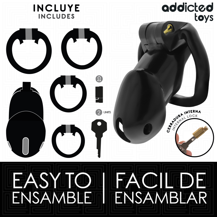 Gabbia per pene taglia L del kit ADDICTED TOYS LOCKED MINDNIGHT CELL, in metallo con apertura frontale e cinturini regolabili.