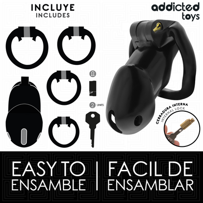 Gabbia per pene taglia L del kit ADDICTED TOYS LOCKED MINDNIGHT CELL, in metallo con apertura frontale e cinturini regolabili.