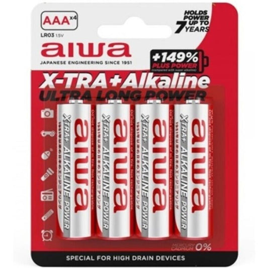 Pacco da 4 batterie alcaline AAA LR03 AIWA X-TRA in blister, ideali per dispositivi portatili e elettronica domestica.