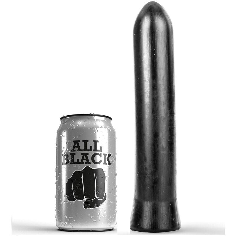 Dildo nero lungo 22 cm della marca ALL BLACK, immagine che mostra la superficie liscia e dettagli realistici.