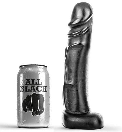 Dildo nero lungo 22 cm della marca ALL BLACK, con superficie liscia e dettagli realistici, visibile dall'immagine.
