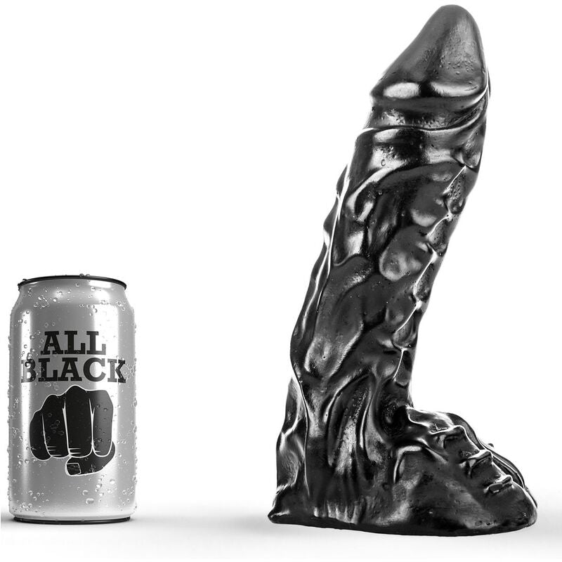 Dildo nero lungo 23 cm della linea ALL BLACK, dettagli realistici e superficie liscia, visibile in primo piano nell'immagine.