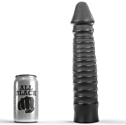 Dildo nero lungo 26 cm di marca ALL BLACK, dettagli realistici e superficie liscia, visibile nell'immagine.