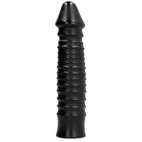 Dildo nero lungo 26 cm del marchio ALL BLACK, realistico e dettagliato, con superficie liscia e forma anatomica.