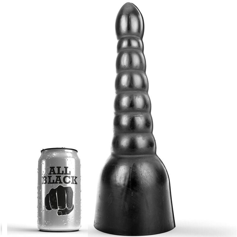 Dildo nero lungo 34 cm di marca ALL BLACK, dettagli realistici e superficie liscia, ideale per stimolazione e piacere personale.