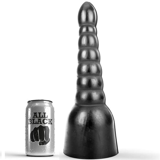 Dildo nero lungo 34 cm di marca ALL BLACK, dettagli realistici e superficie liscia, ideale per stimolazione e piacere personale.