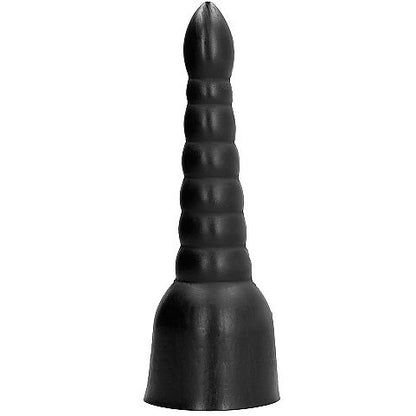 Dildo nero lungo 34 cm della marca ALL BLACK, dettagli realistici e superficie liscia, visibile nell'immagine.