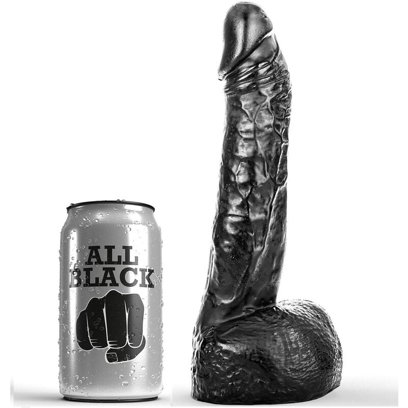 Dildo nero da 20 cm con pugno, prodotto del marchio ALL BLACK, mostrato in primo piano su sfondo neutro.