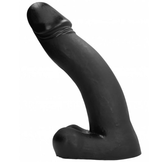 Dildo nero da 45 cm della marca ALL BLACK, superficie liscia e dettagli realistici, mostrato in primo piano.