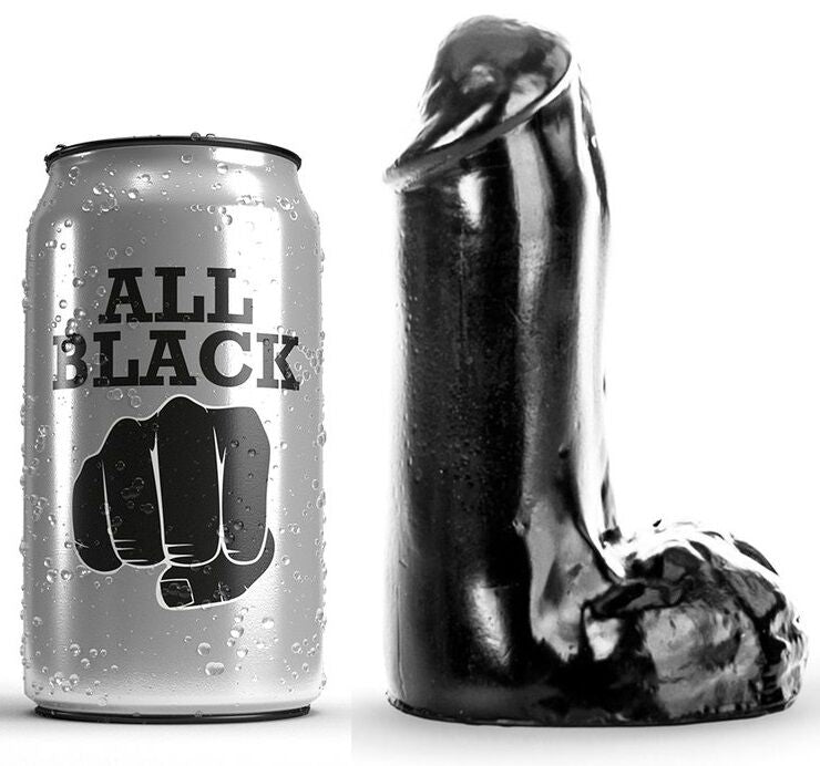 Dildo realistico nero da 13 cm del marchio ALL BLACK, dettaglio di superficie e forma anatomica visibile nell'immagine