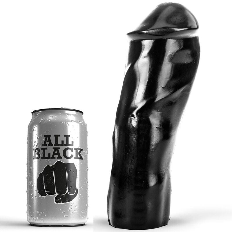 Dildo realistico nero da 20 cm di marca ALL BLACK, dettagli realistici e superficie liscia, visibile in primo piano nell'immagine.