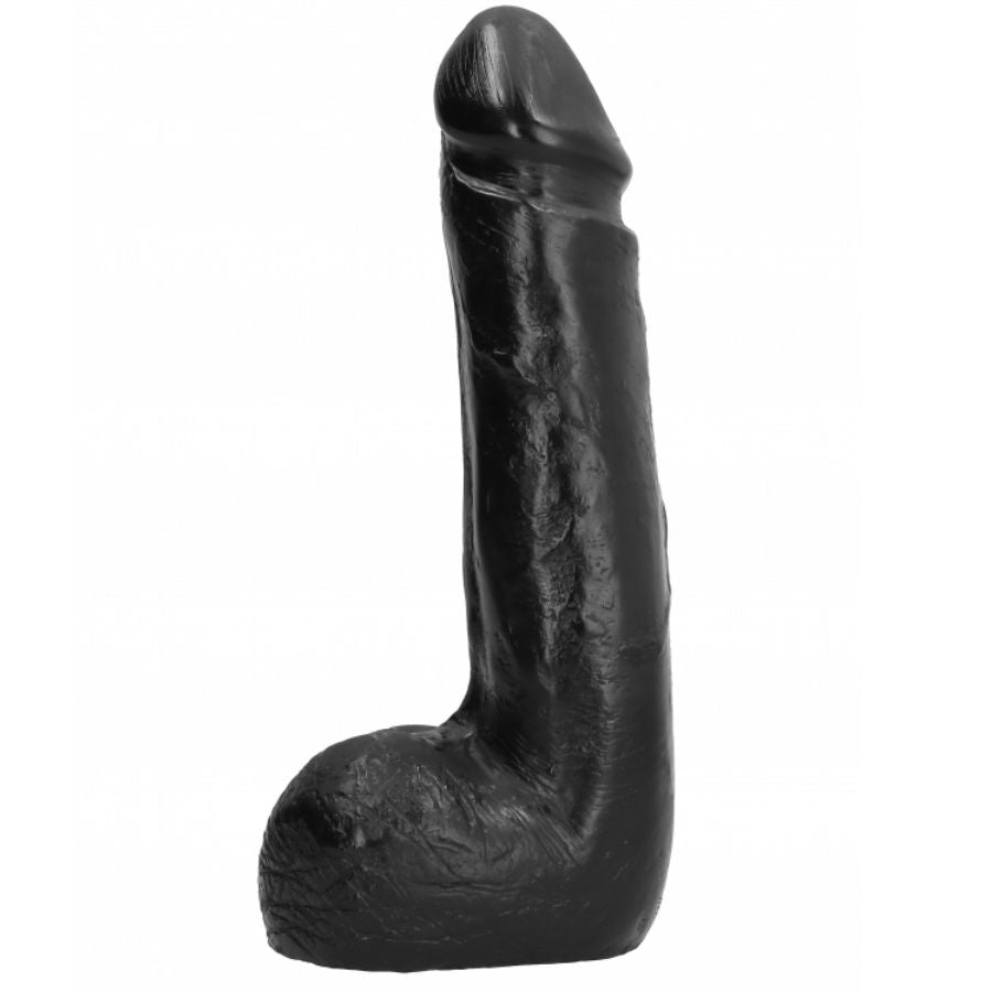 Dildo realistico nero morbido di 20 cm del marchio ALL BLACK, dettagli realistici e texture morbida.