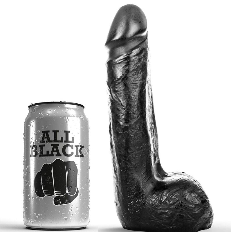 Dildo realistico nero morbido di 20 cm del marchio ALL BLACK, evidenziando la superficie liscia e dettagli realistici.